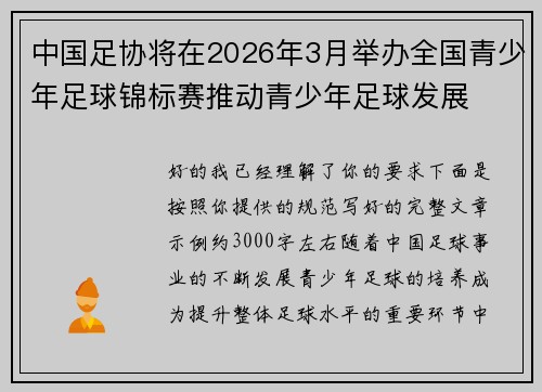 中国足协将在2026年3月举办全国青少年足球锦标赛推动青少年足球发展