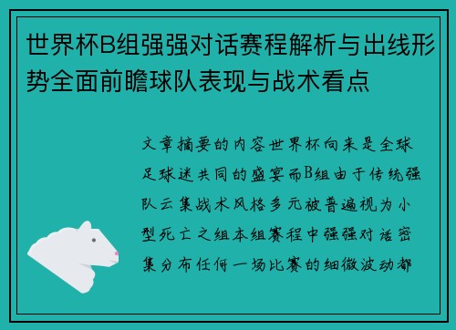世界杯B组强强对话赛程解析与出线形势全面前瞻球队表现与战术看点